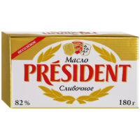 Масло кислосливочное несоленое President высший сорт 82%, 180г 1 шт
