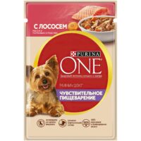 Корм Purina One Мини для взрослых собак мелких пород с чувствительным пищеварением с лососем рисом и морковью 85 г 1 шт