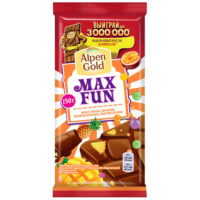 Шоколад Alpen Gold МаксФан молочный c фруктовыми кусочками с рисовыми шариками и взрывной карамелью 150 г 1 шт